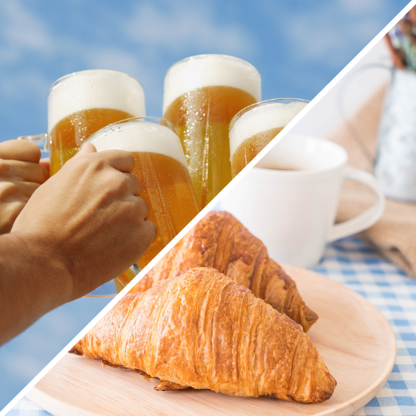 Kaffee, Croissant und Bier